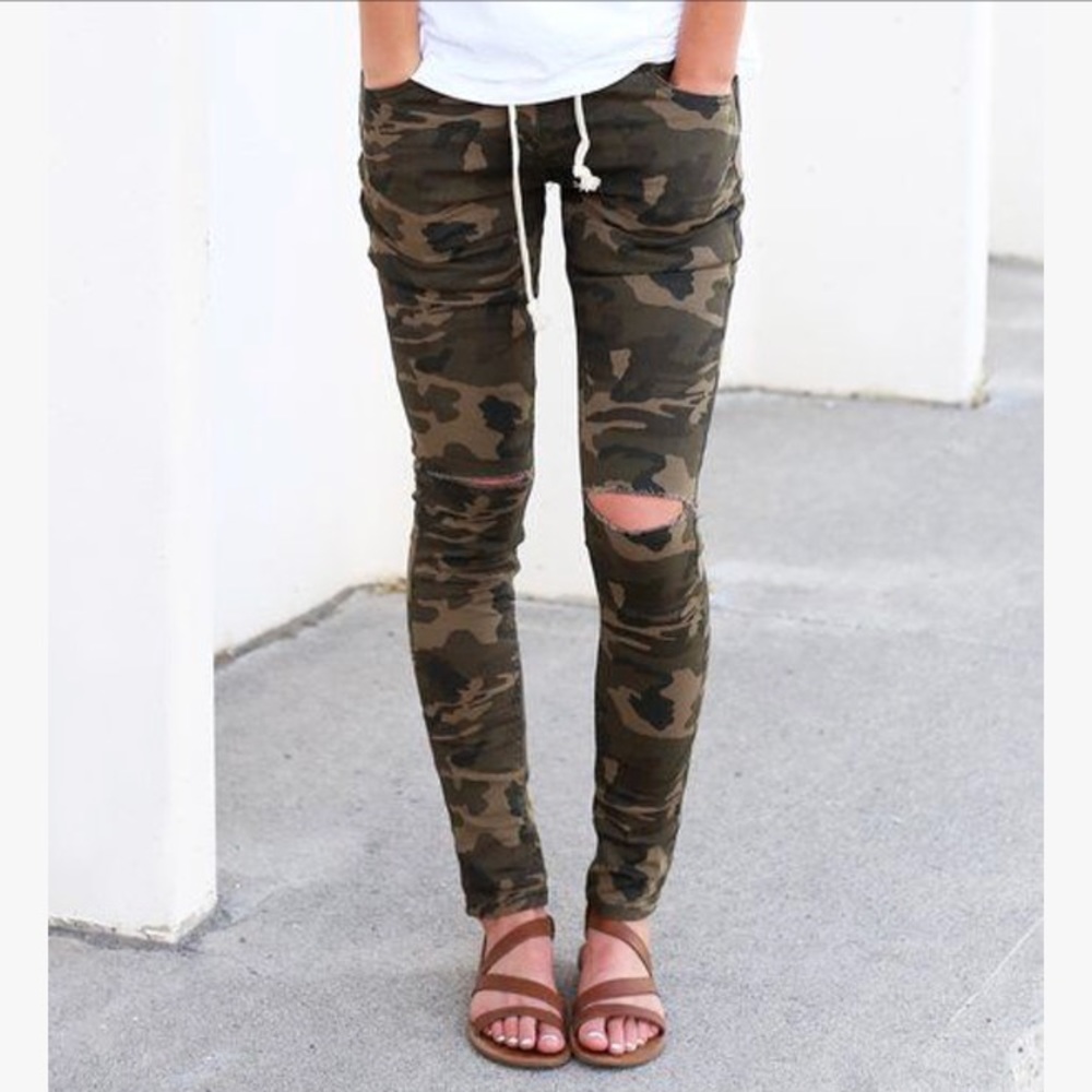 Distressed Camo Drawstring Pants (NWOT)